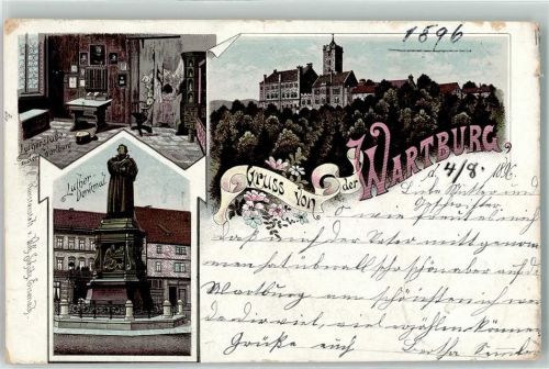 Eisenach 1896 Lutherstube Wartburg Luther Denkmal Schreibtisch Stuhl Wandbilder Kamin Blumen Gruss