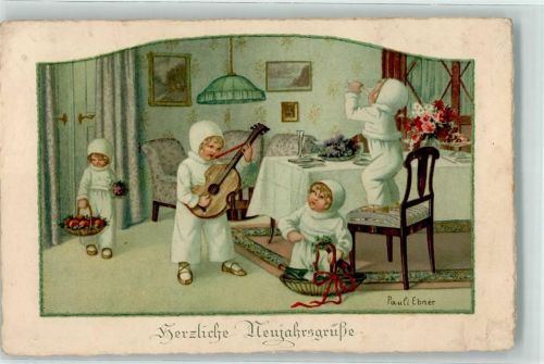 August Rökl Nr. 1455 Herzliche Neujahrsgrüße Vier Kinder im weißen Strampler mit Gitarre Sekt und Obst
