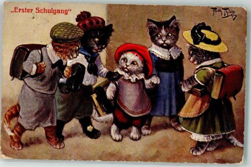 1909 Stroefer TSN Serie 962 Erster Schulgang Katze vermenschlicht