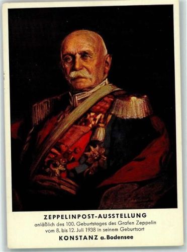 Konstanz 1938 Zeppelinpost-Ausstellung anläßlich des 100. Geburtstages Sonderstempel Privatganzsache WK II