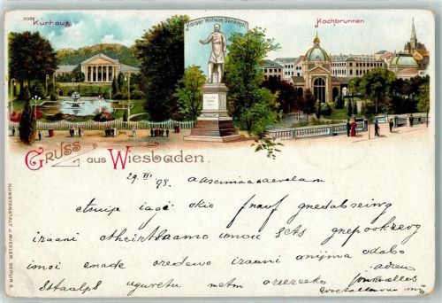 Wiesbaden 1898 Kurhaus Kaiser Wilhelm Denkmal Kochbrunnen Kirche Gruss