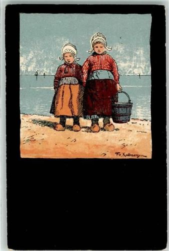 sign. Kallmorgen Zwei Hollandmädchen mit weißen Hauben und Klotschen am Strand