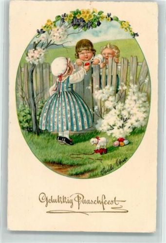 1939 A.G.B. No. 2722 Frohe Ostern Mädchen reicht zwei Buben ein Osterei über den Gartenzaun