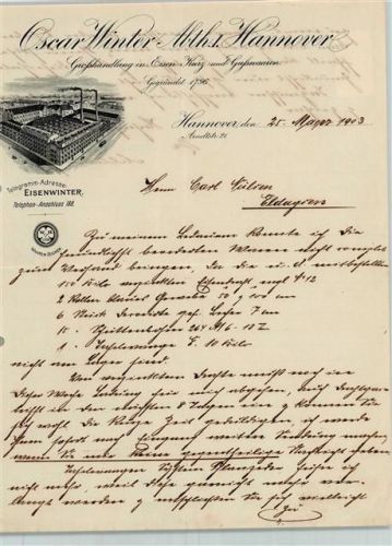 Hannover Geschäftsbrief von 1903 Oscar Winter Gußwaren