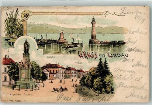 Lindau 1903 Hafen mit Leuchtturm Maximilians-Denkmal Bahnhof Postamt Lithographie Verlag Moch & Stern No. 783