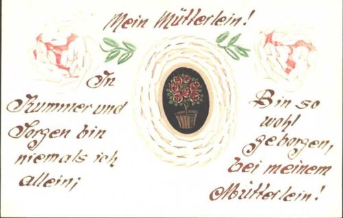 Muttertags-AK, handgeritzt und hangemalt mit eingearbeiteter Abbildung Rosen