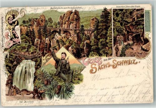 Bastei 1899 Lithographie Basteibrücke Felsentor Amselfall