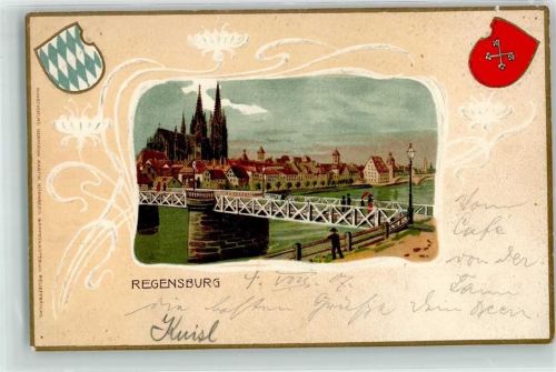 Regensburg 1907 Dom Brücke Wappen Schlüssel Rot Blau Weiß Laterne Turm