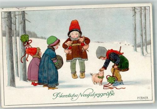 Neujahr Kinder Muff Schwein Verlag M.M. Nr. 1197