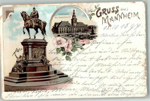 Mannheim 1897 Rathaus Marktplatz Marktszene Kaiser Wilhelm I. Denkmal