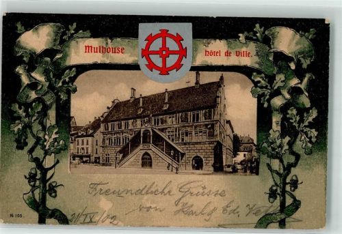 Mulhouse 1902 Hotel de Ville Rathaus Wappen Passepartout Eichenlaub