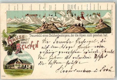 79677 W7869 Belchen im Schwarzwald 1898 Lithographie Posthilfstelle Belchen Phantasie eines Belchenbesteigers Belchen Rasthaus