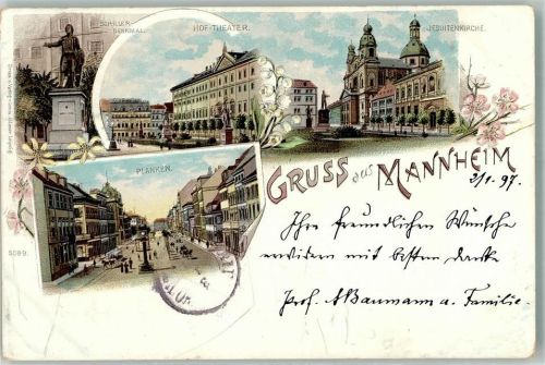 Mannheim 1897 Schiller Denkmal Hof Theater Jesuitenkirche Planken