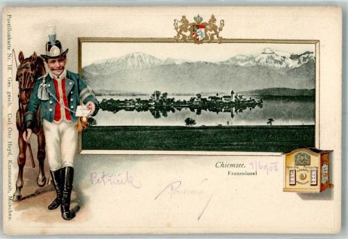 Gstadt Die Fraueninsel Postbote Briefkasten Verlag Carl Otto Hayd Postillionkarte Nr. 16 Passepartout Lithgraphie