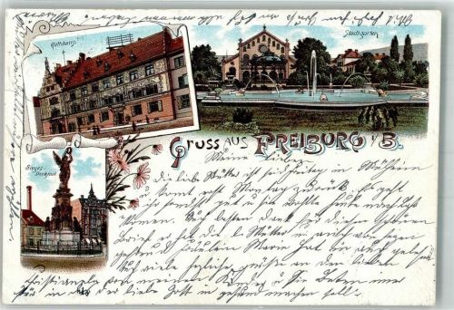 Freiburg 1897 Rathaus Siegerdenkmal Stadtgarten