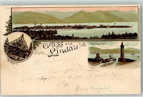 Lindau 1899 Hafeneinfahrt Leuchtturm Rathaus
