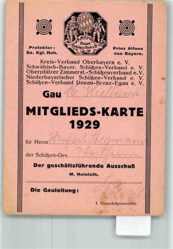 Weilheim Bayern Schützenverband Mitglieds-Karte 1929 keine AK