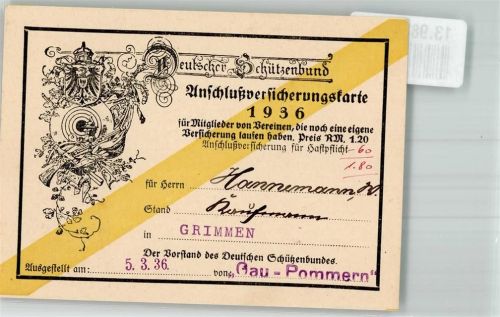 Grimmen Ephemera Schützenbund Anschlußversicherungskarte 1936