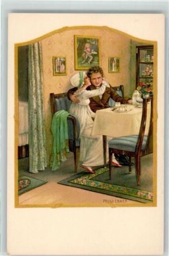 August Rökl Nr. 1406 Frau küßt ihren Mann an der Kaffeetafel
