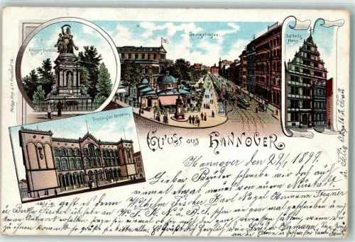 Hannover 1899 Kriegerdenkmal Georgstraße Leibnitzhaus Provinzial Museum Litfaßsäule Straßenbahn