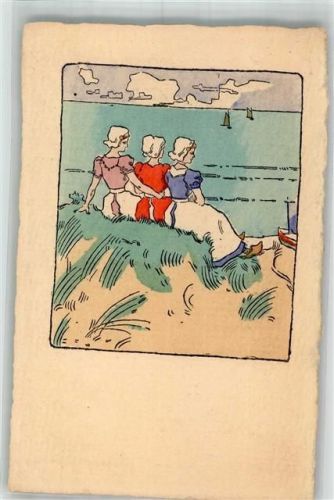 1900 - 1906 Frauen in Holland Trachten sitzen am Meer Schablonenmalerei