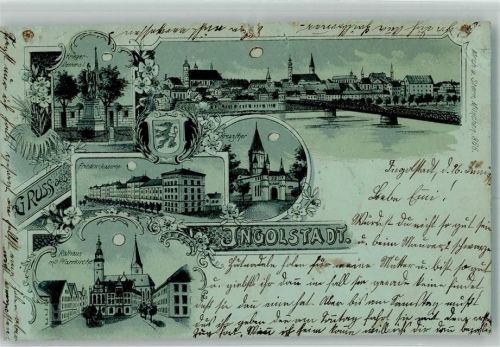 Ingolstadt 1899 Lithographie Friedenskaserne Rathaus Kreuztor Kriegerdenkmal