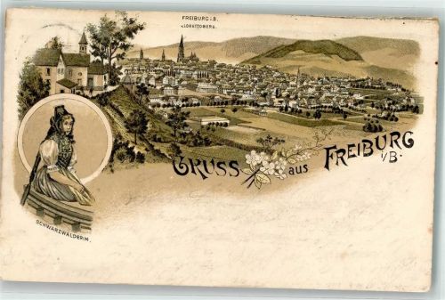 79098 W7800 Freiburg im Breisgau 1899 Gebrauchsspuren vom Lorettoberg Tracht Lithographie