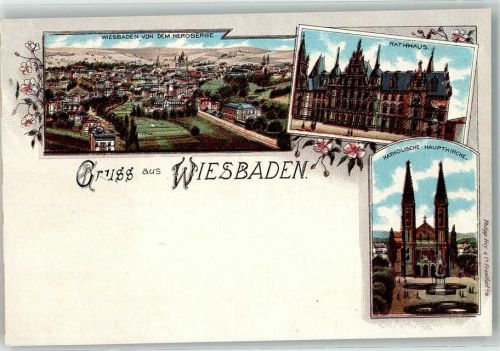 Wiesbaden Von dem Neroberge Rathaus Katholische Hauptkirche Gruss Blumen