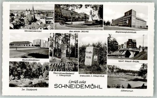 Schneidemühl Pila Foto AK Grenze- Stein Königsblick Denkmal Am neuen Markt Reichsdankhaus Regierungsgebäude