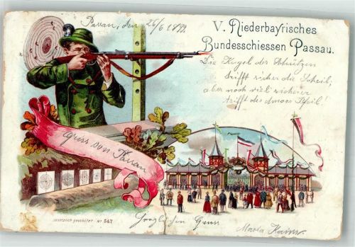 Passau 1899 Lithographie 5. Niederbayrisches Bundesschießen Schießstand Schütze Festgebäude Einriß