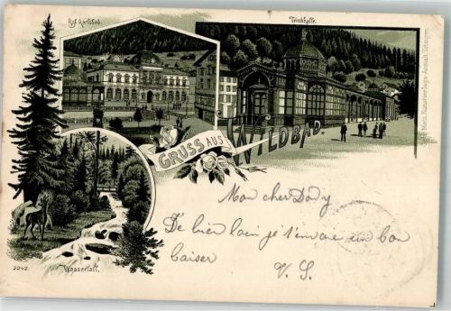 Bad Wildbad 1899 Lithographie Kgl. Karlsbad Trinkhalle Wasserfall