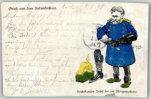 1899 Gruß aus dem Zukunftsstaat , Reichskanzler Bebel bei der Morgentoilette