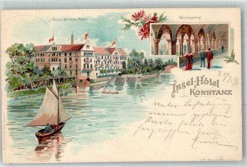 Konstanz 1898 Kreuzgang Insel Hotel Segelboot