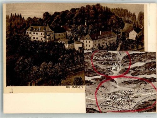 Krumbad Vogelschau Striche a.d. Bildseite Original aufmontierte Verlagsmusterkarte