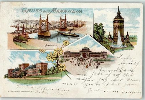 Mannheim 1898 Neckarbrücke Wasserturm Schloss Bahnhof