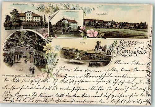 Königsfeld 1897 Mädchen- und Knabenpensionat Kirchhof Burgruine Lithographie Verlag Lautz No. 973