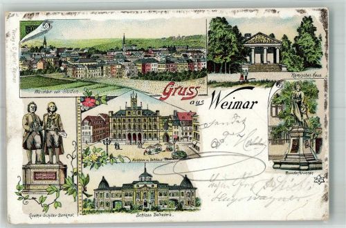 Weimar 1897 Lithographie Goethe-Schiller.Denkmal Marktplatz Rathaus Schloss Belvedere Römische Haus Dondorfbrunnen Bahnpoststempel