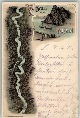 Loreley Lithographie Vogelschau Mainz Köln