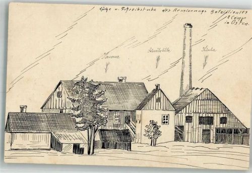 1916 Kaserne Schreibstube Küche Armierungs Batailion 104 2. Komp. im Osten Federzeichnung