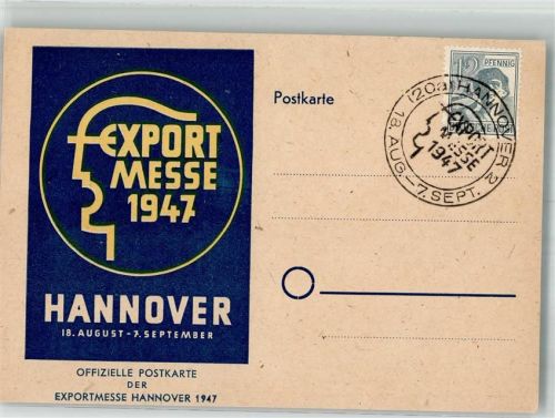 W3000 Hannover Export Messe Offizielle Postkarte Gewerbeausstellung 1947 Sonderstempel