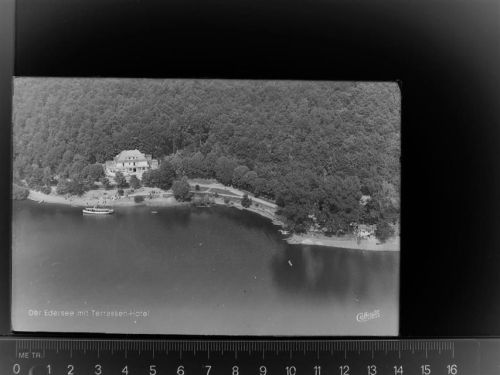 34513 W3544 Waldeck , Hess GLASNEGATIV Der Edersee m. Terrassen-Hotel