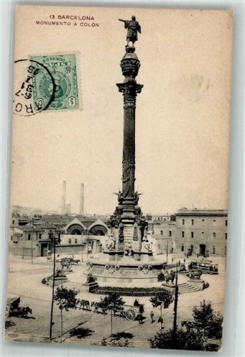 Barcelona 1913 Denkmal a Colon Straßenbahn Marke Bildseitig