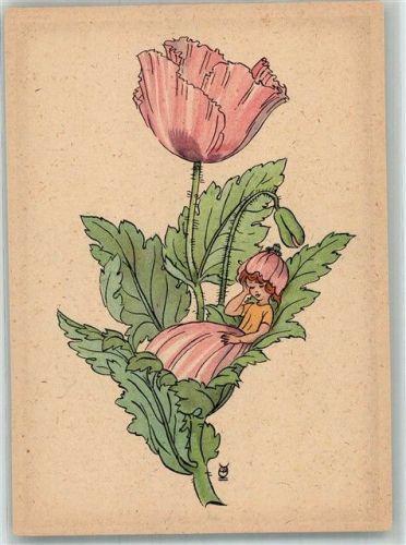 Kind schläft auf einer Schlafmohnblume Blumenlegende Kunstkartenserie 1-12 Verlag Gerhard Tacke