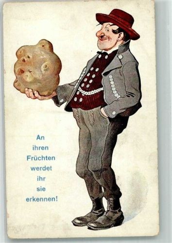 Bauer in Tracht mit Riesenkartoffel