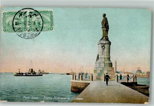 Port Said 1912 Denkmal Ferdinand de Leeseps Dampfschiff Marke bildseitig