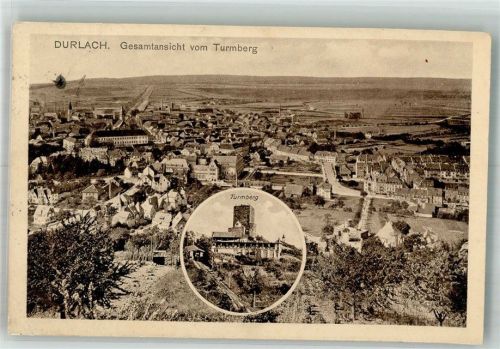 Durlach 1931 Panorama des Ortes mit dem Turmberg