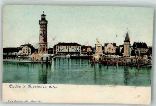 Lindau 1906 Hafeneinfahrt mit Bayerischem Löwen Leuchtturm und Mangturm
