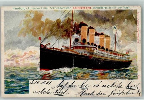 1901 sign. Linde, Wladimir Schnelldampfer der Hamburg-Amerika-Linie Künstlerkarte Mittelbug