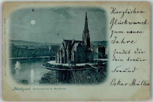 Stuttgart 1897 Johanniskirche Mondschein