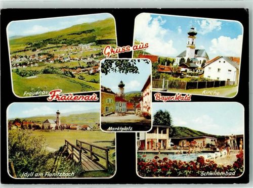 94518 W8377 Frauenau , Bayerischer Wald - Marktplatz Kirche Idyll am Frlanitzbach Schwimmbad